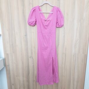 Womens Linen Midi Dress Size L Pink Puff Sleeve Milkmaid Cottage Boho Romantic